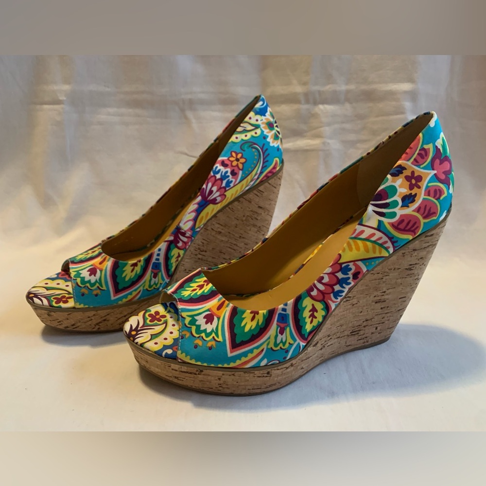 Vibrant Multicolor Floral Print Cork Wedge Heels - Picture 5 of 15